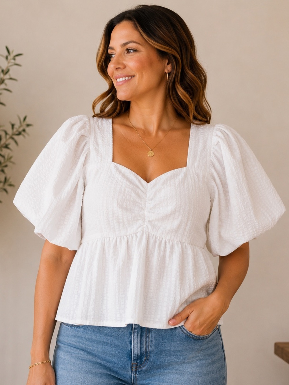 Old Navy White Peplum Blouse Puff Sleeve Size Large Cottagecore